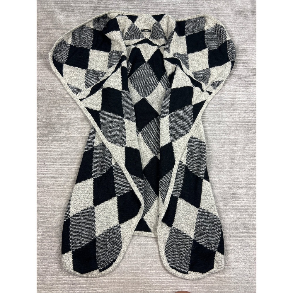 Milano Vest Womens One Size Black Grey Argyle Knit Open Front Draped Longline